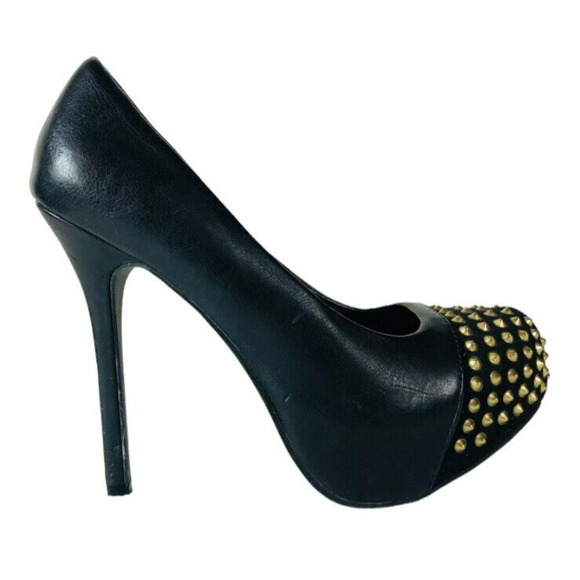 Brash Womens Stiletto Pumps Gold Studs Heels Black Faux Leather Shoes Size 8 - Picture 1 of 9